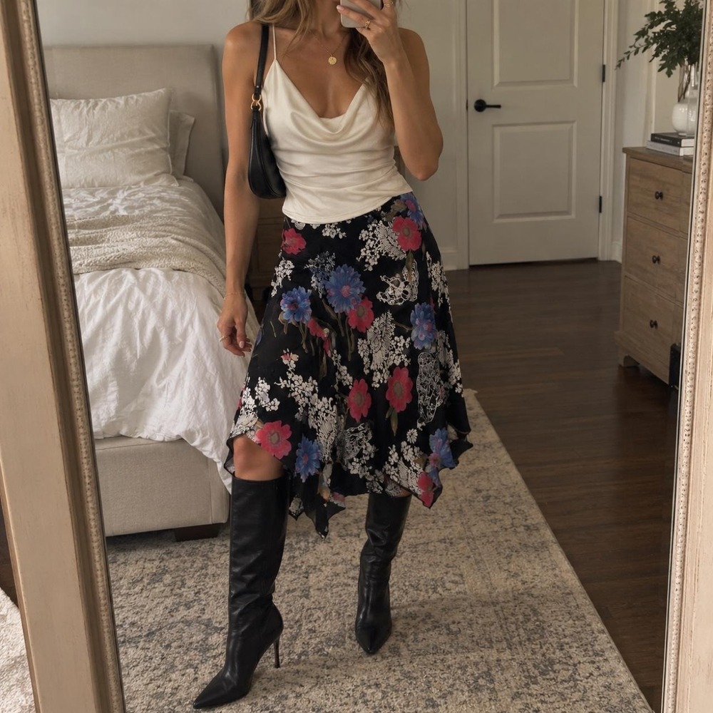 Angie size small black floral handkerchief hem midi skirt